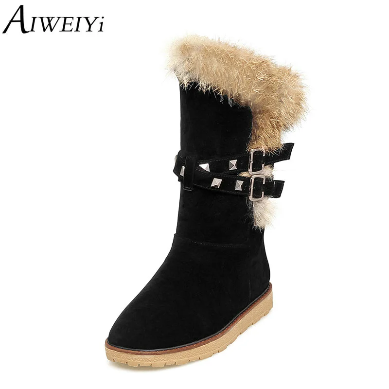 

AIWEIYi Fur Warm Winter Snow Boots Black Flat Mid Calf Boots One Size Small Slip On Platform Shoes Thick Fur Winter Boots