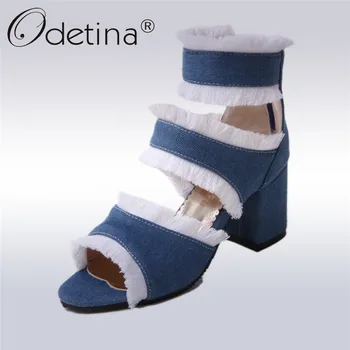 

Odetina Fashion Denim Sandals Women Square High Heels Ankle Wrap Zipper Peep Toe Women Fringe Casual Shoes Big Size 45