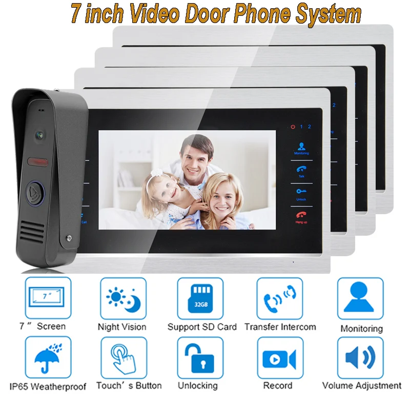

7 Inch Video Door Phone Monitor Intercom System Kit Night Vision 1200 TVL Doorbell Camera Recording SD Card Support 1V4