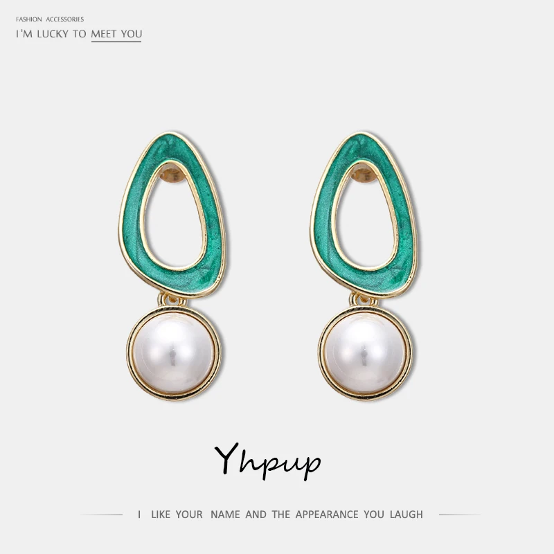 

Yhpup Trendy Korean Geometric Enamel Dangle Earrings Imitation Shell Pearl S925 Silver Earrings for Girl Female Party Jewelry