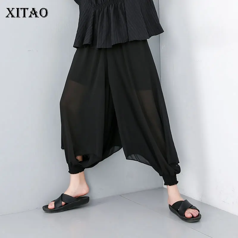 

XITAO Street Perspective Chiffon Black Pants Personality Elastic Waist False Two Pieces Women Summer Clothes Casual ZLL3972