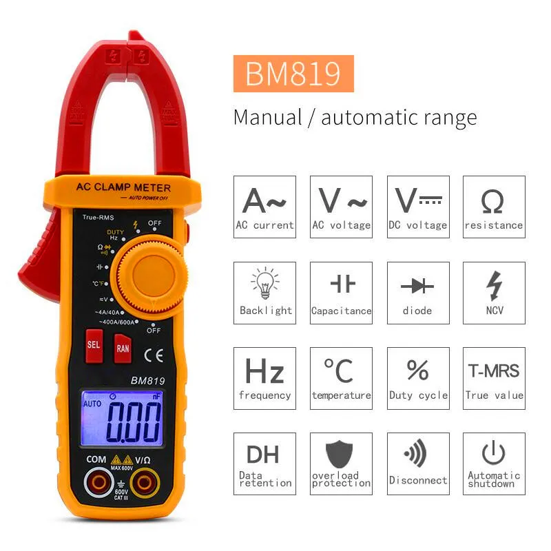 BM818 BM819 цифровой мультиметр Амперметр ACV/DCV/ACA Автоматический диапазон измерения большой емкости NCV цифровой клещи - Цвет: BM819