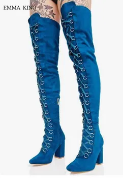 

Autumn Winter Fashion Women Suede Cross-tied Chunky High Heels Thigh High Boots Sexy Botas Mujer Over the Knee Boots Long Shoes