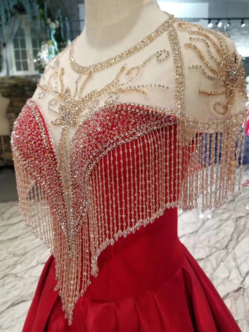 HTL066 red A-line evening dresses long tassel beaded o neck cap sleeves shiny satin wedding party dress 2019 with brush train