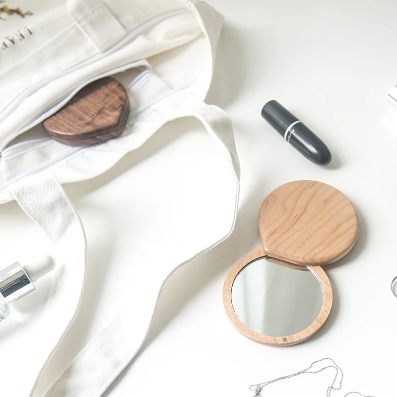 mini small wooden mirror female portable makeup mirror makeup bag in the foldable solid wood portable mirror