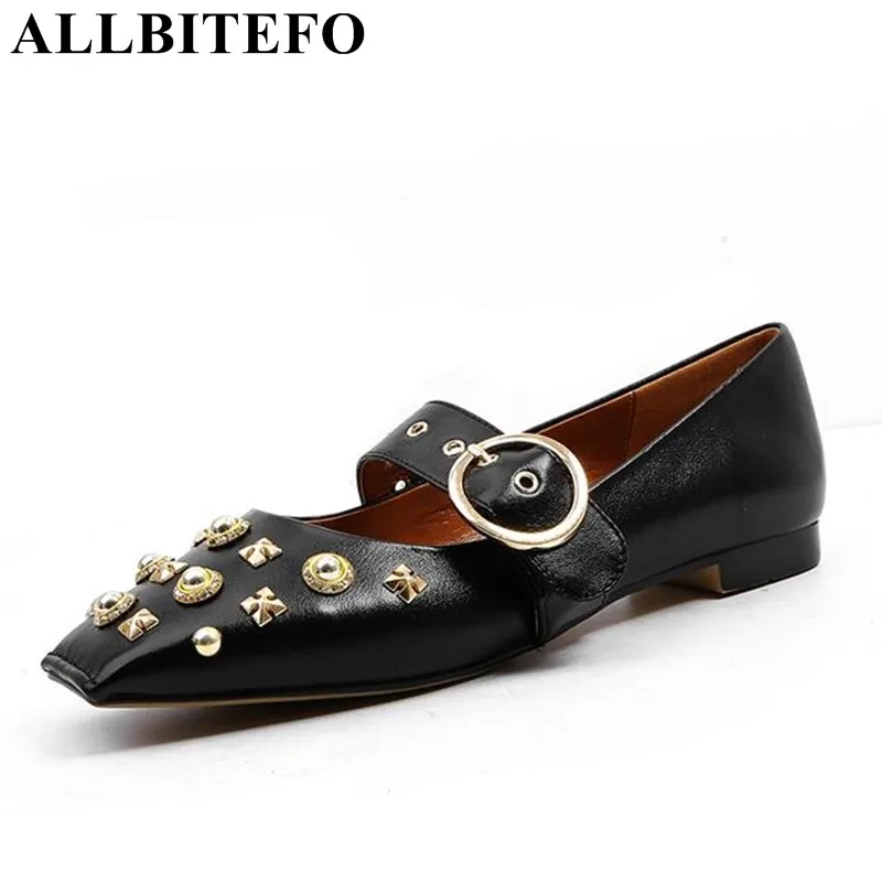 

ALLBITEFO brand natural genuine leather women pumps spring fashion square toe girls party low heel shoes women heels shoes heels