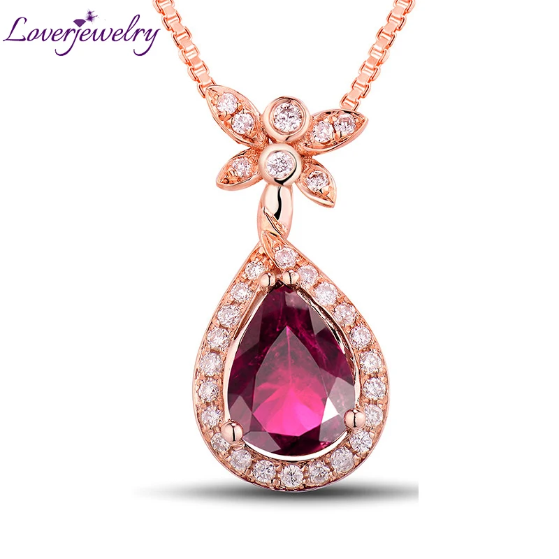 

100% Genuine Diamonds Pear Pink Tourmaline Gemstone Pendant 18Kt Rose Gold 6x8mm for Women Valentine Christmas Gift