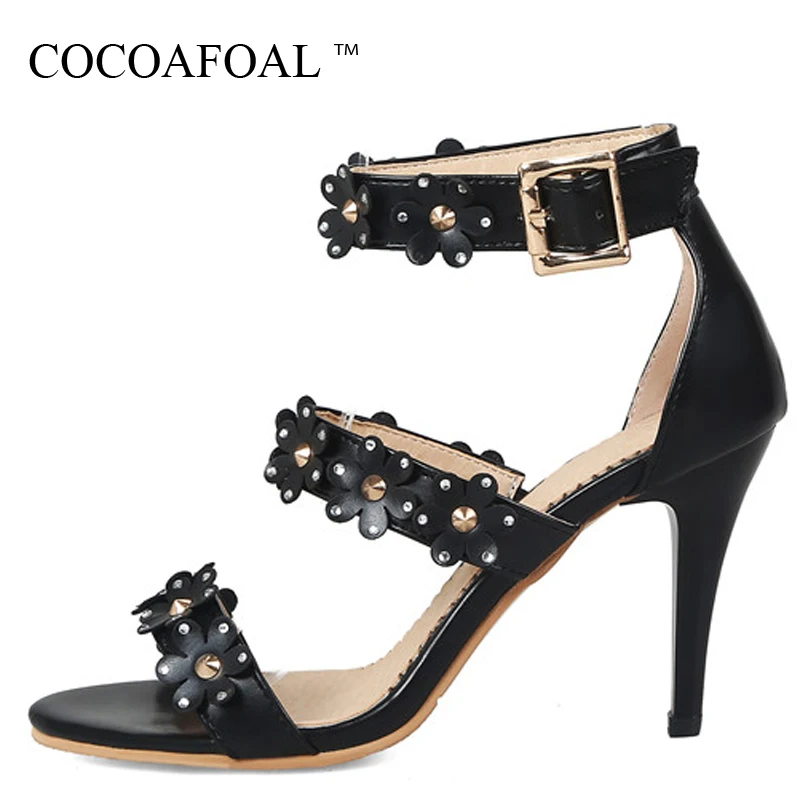 

COCOAFOAL Women Open Toe Heels Sandals Plus Size 33 43 48 White Red Rivet Peep Toe Wedding Shoes Sexy Rhinestone Sandals 2018