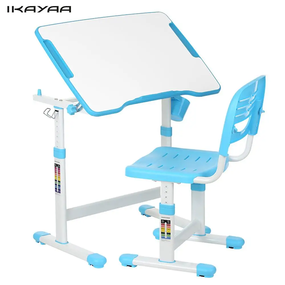 iKayaa Height Adjustable Kid’s Study Desk Chair Set Tiltable Children Activity Art Table Set Work Station Metal Frame