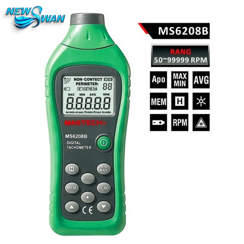MS6208B LCD Digital Photo Tachometer RPM Meter Non contact Tacometro Rotation Speed 50RPM-99999RPM Data Storage