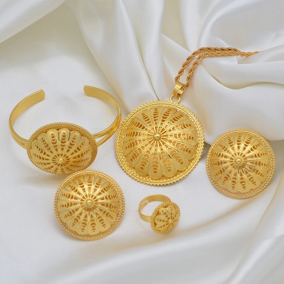 

Anniyo Ethiopian Bride Wedding Jewelry sets Pendant Necklaces Earrings Ring Bracelet Women Eritrean African Party Gifts #207606