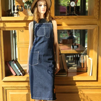

2019 Men Women Apron Sleeveless Long Cafe Bar Painting Pocket Blue New