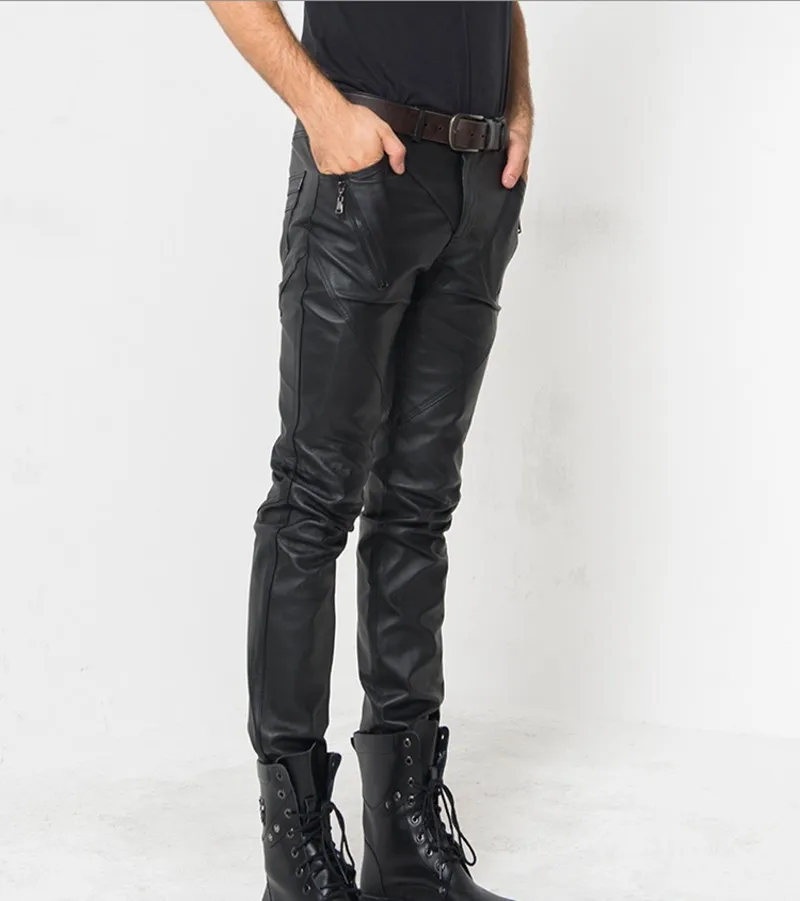 Натуральная кожа длинные штаны Для мужчин Уличная High Street Повседневное двигателя тонкий узкие джинсы Классические в стиле панк Модные Calca человек