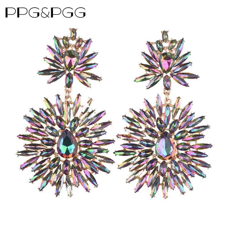

PPG&PGG Big dangle Earrings for Women flower crystal Statement Earrings large rhinestone drop Earrings vintage Jewelry