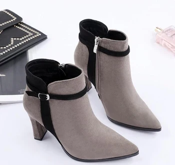 

New Autumn and Winter wild Women's Boots Belt Buckle Side Zipper High-heeled Ankle Boots Suede Fashion Thick with Pointed