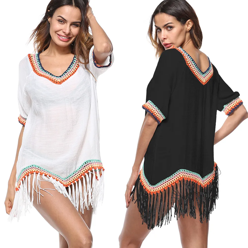 

MUQGEW Bohemian Tassel Womens Swimwear Beachwear Bikini Cover Up Loose Beach Cover Up Bathing Suit Separate Swimsuit Jumpsuit