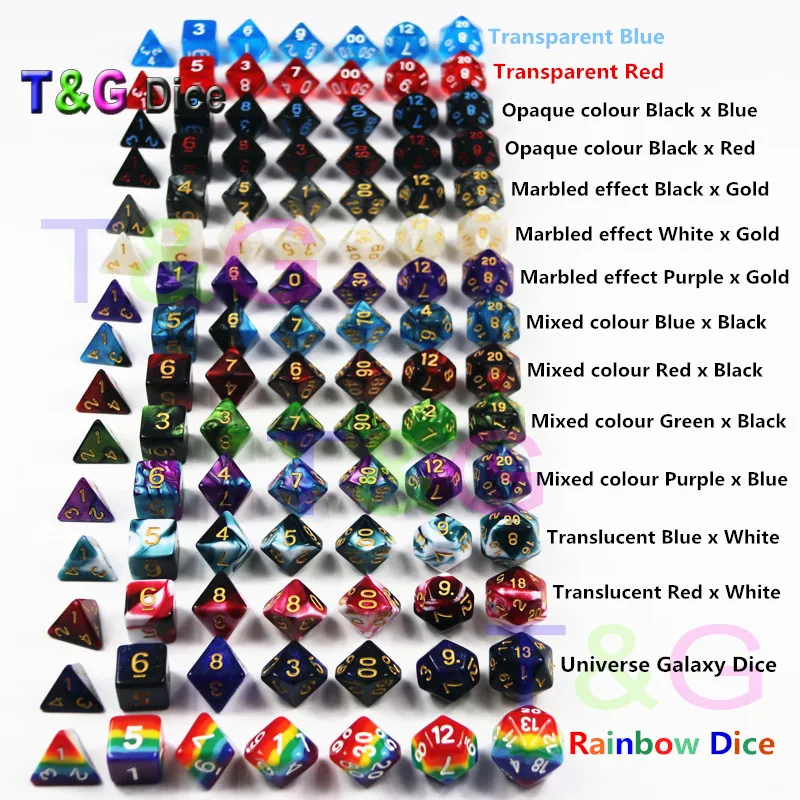 105 цветные кости с черной сумкой, T& G Rainbow 15 комплектов D4 D6 D8 D10 D10% D12 D20 для настольной игры RPG DND