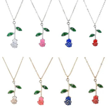 Enamel Red Rose Flower Necklaces For Women Jewelry Choker Gold Silver Color Chain Link Flower Pendant Necklace Valentine Gifts