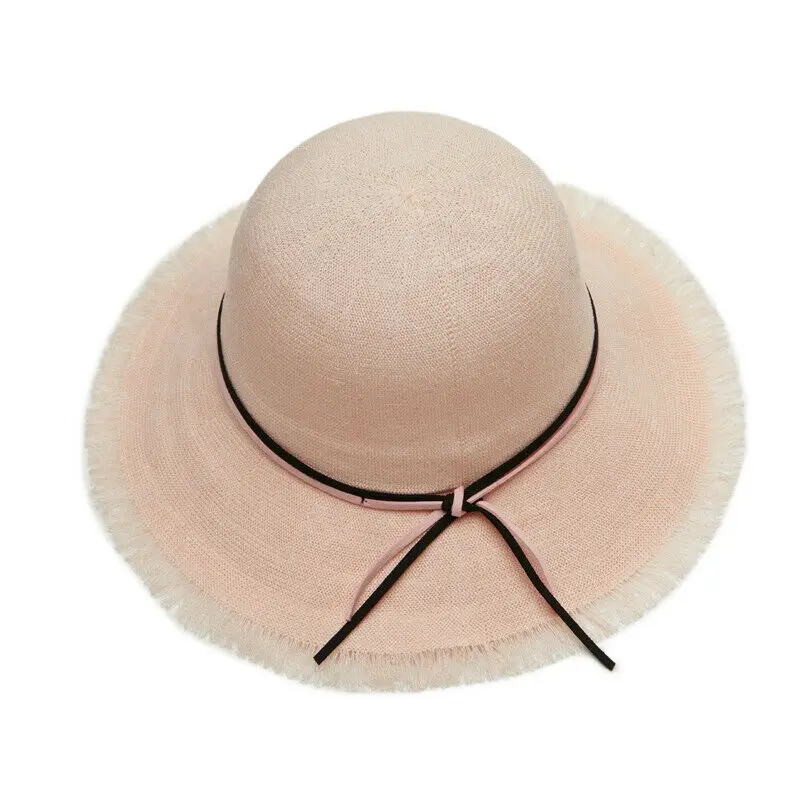 Популярная летняя широкополая соломенная шляпа Для женщин Дамы Широкий пляжный навес шляпа Зонт складывающаяся Кепка - Цвет: Розовый