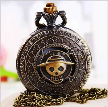 

Antique Bronze Anime Skull One Piece Luffy Quartz Pocket Watches Pendant with necklace 80CM Chain