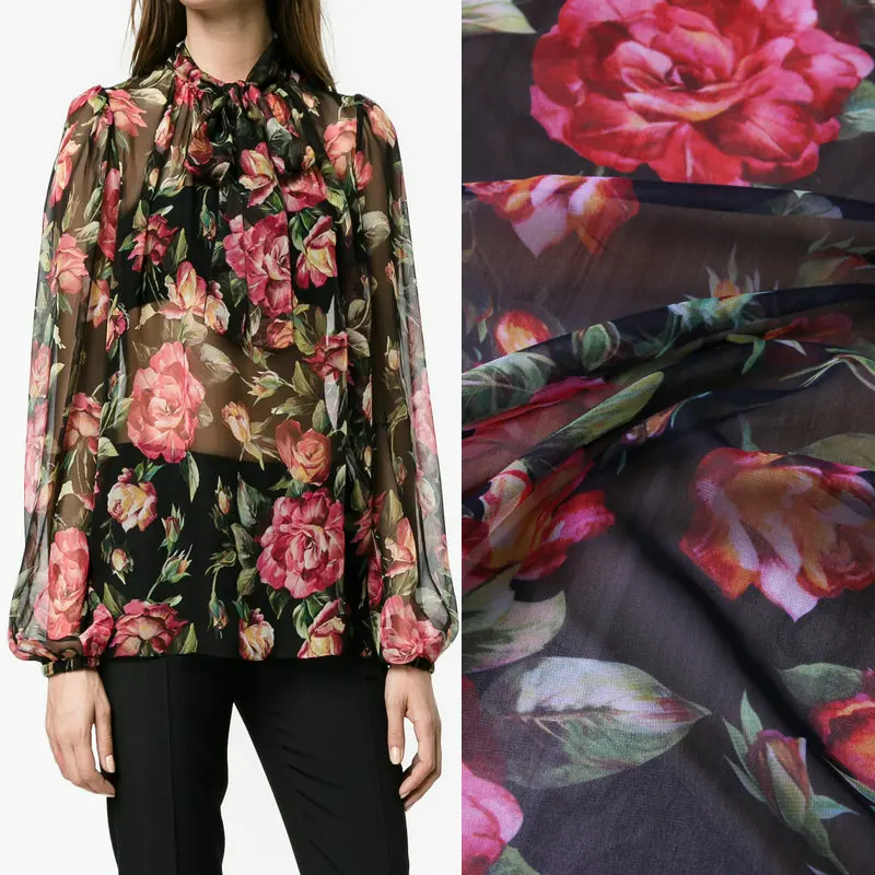 

100X145cm Fashion Week Runway China Rose Flowers Black Thin Chiffon Fabric for Woman Girl Summer Long Beach Dresses Sewing