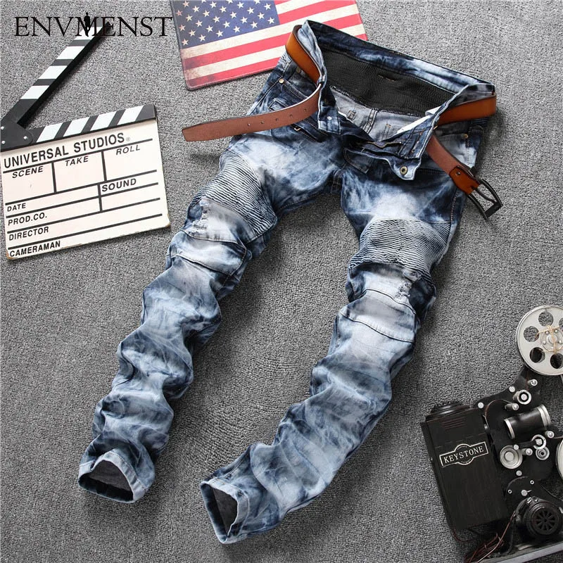

2017 New Europe Street Tide Brand Locomotive Male Personality Fold Slim Pants High Elastic Hole Fashion Jeans Pencil Jeans