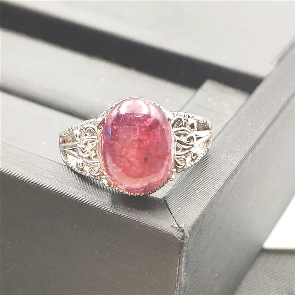 

Natural Red Ice Pink Tourmaline Crystal Clear Bead Adjustable Woman Ring 13x10mm Wedding 925 Sterling Silver Ring AAAAA