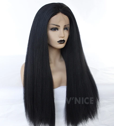 Synthetic Kinky Straight Wig Natural Hairline Black Color Heat Resistant Fiber Lace Front Wig for Women-9A