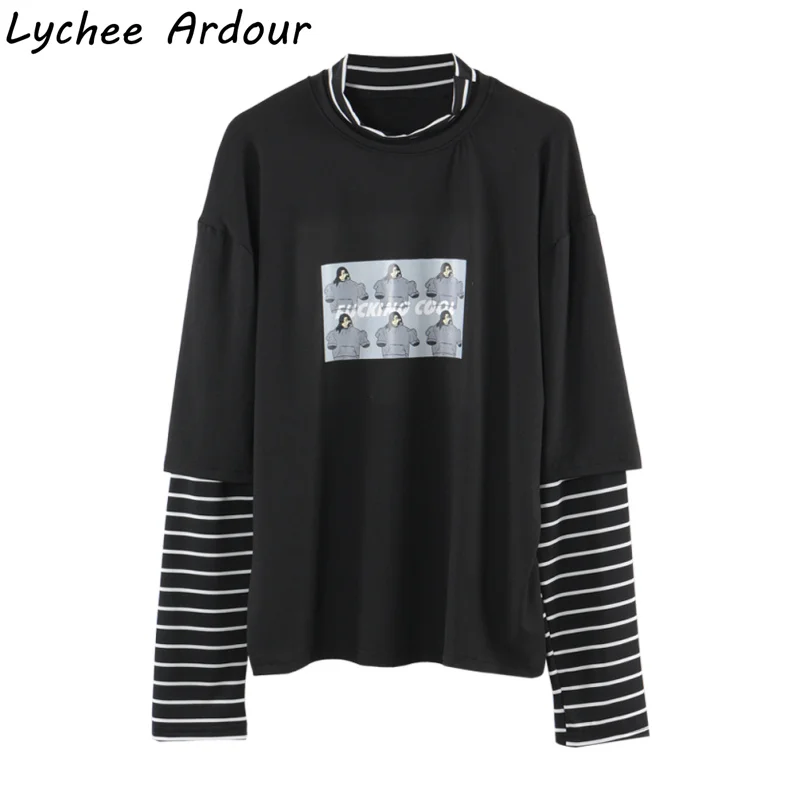 

Character Letter Printing Stripe Patchwork Women T-Shirt Spring Streetwear Long Sleeve Loose T-shirt Tee Tops