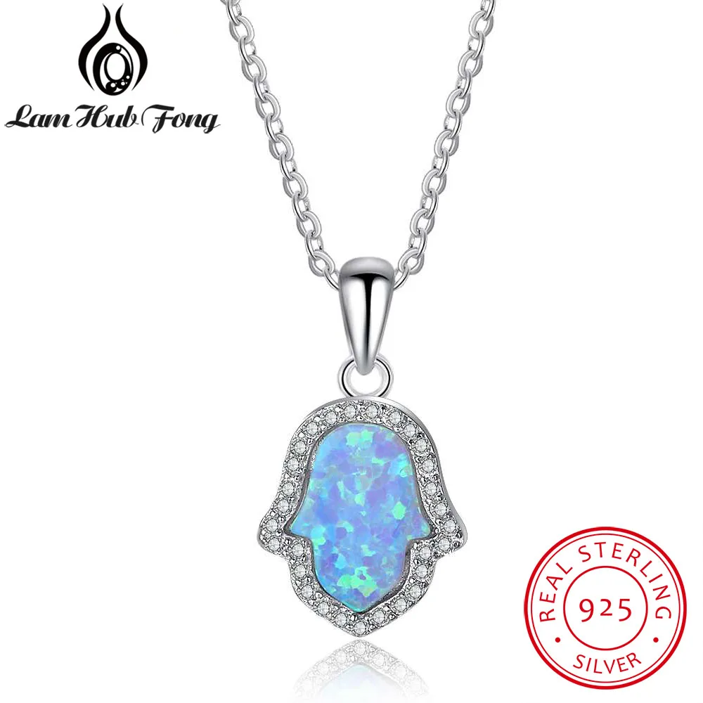 

Women 925 Sterling Silver Cubic Zirconia & Blue Fire Opal Fatima Hamsa Hand Pendant Necklace Lucky Amulet Gift (Lam Hub Fong)