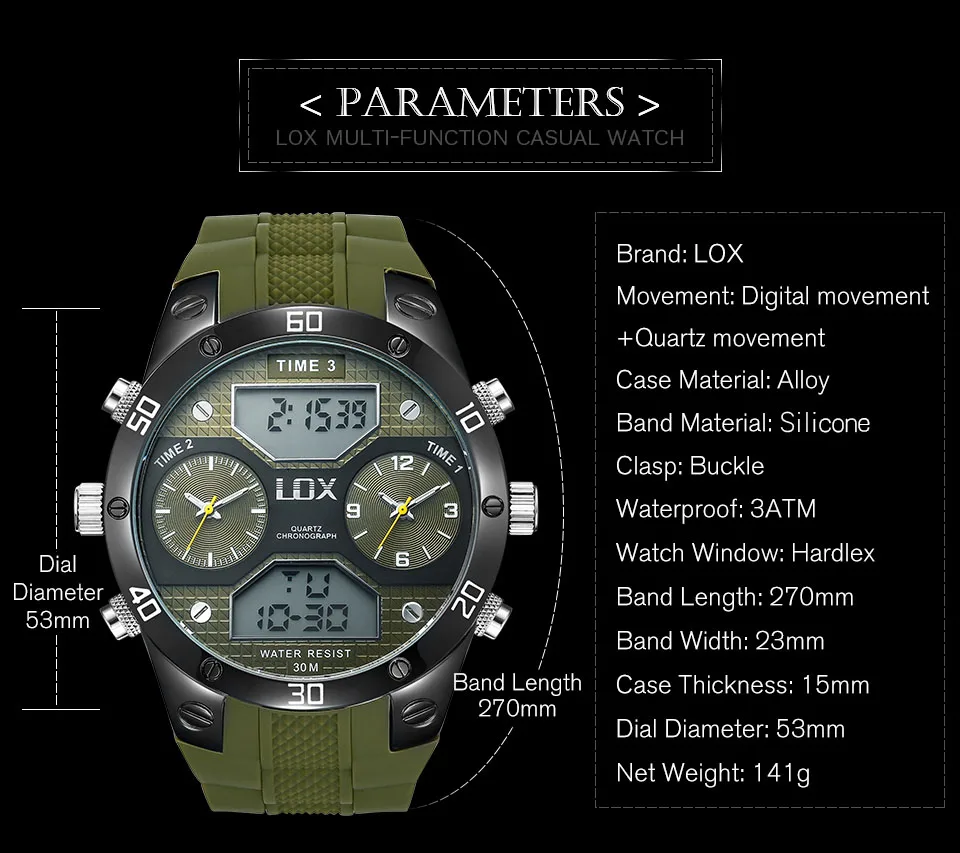 LOX мужские спортивные 3 раза аналоговые цифровые часы с двойным дисплеем, многофункциональные кварцевые наручные часы, уличные забавные военные часы Montre Homme