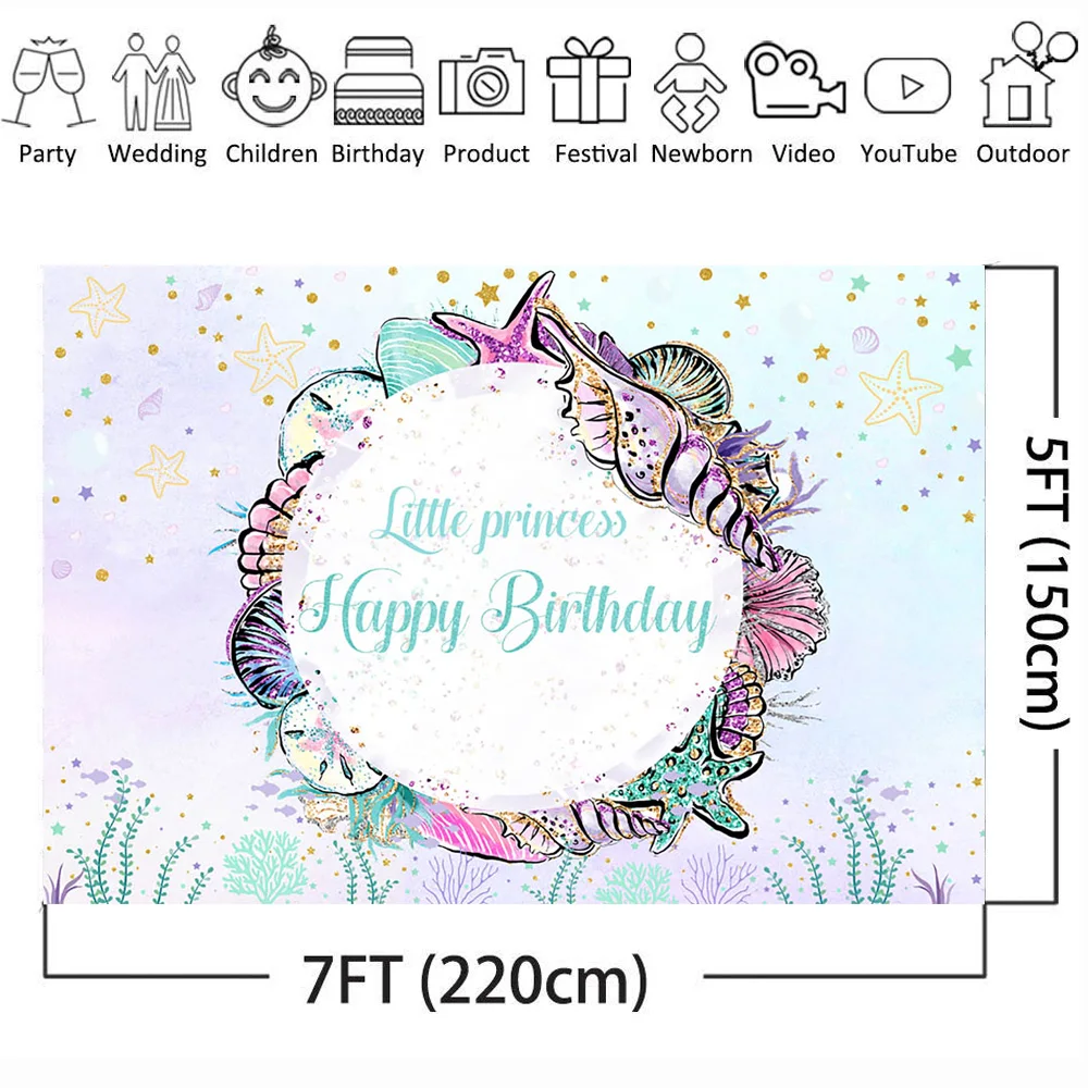 Mehofoto Happy Birthday Backdrop for Little Princess Photography Mermaid Backdrop Underwater Marine Life Starfish Water Grass