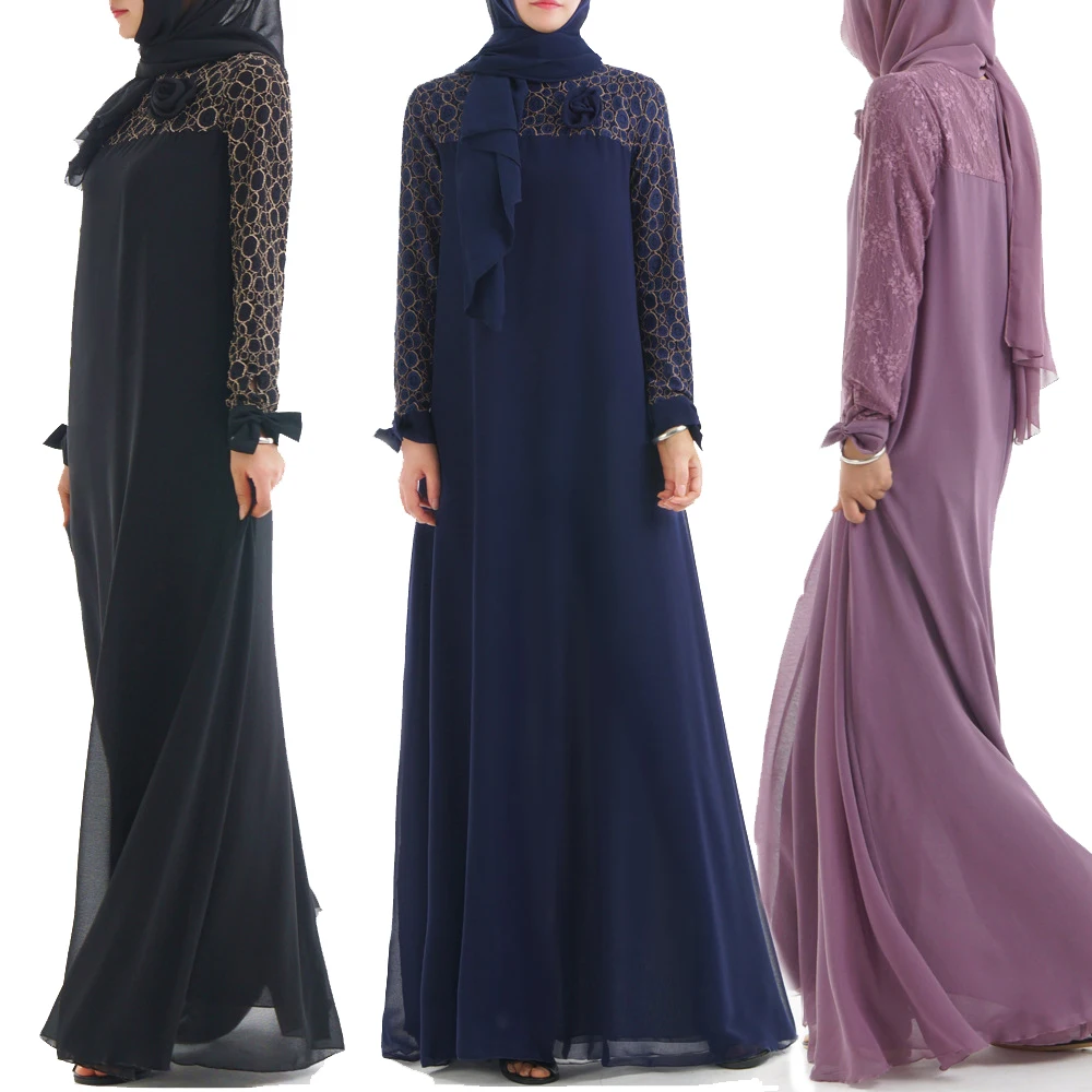 

Elegant Dubai Abaya Turkish Women Muslim Chiffon Lace Dress Plus Size Islamic Handmade Flowers Dresses Robe Musulmane Clothing