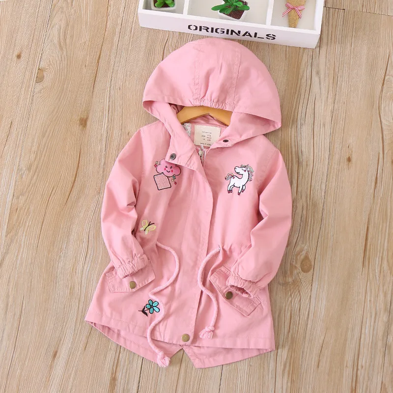 Fashion Kids Windbreaker For Girls Jackets And Coats Unicorn Embroidery Hooded Jacket Spring Autumn Children Outerwear Coats