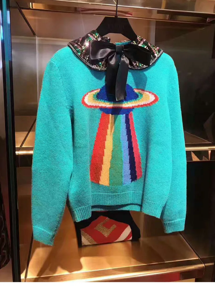 

2019 Winter Runway Womne Planet Sweater and Pullover Luxury Sequins Neck Long Sleeve Female Knitted Jumper Lady's Clothing Tops