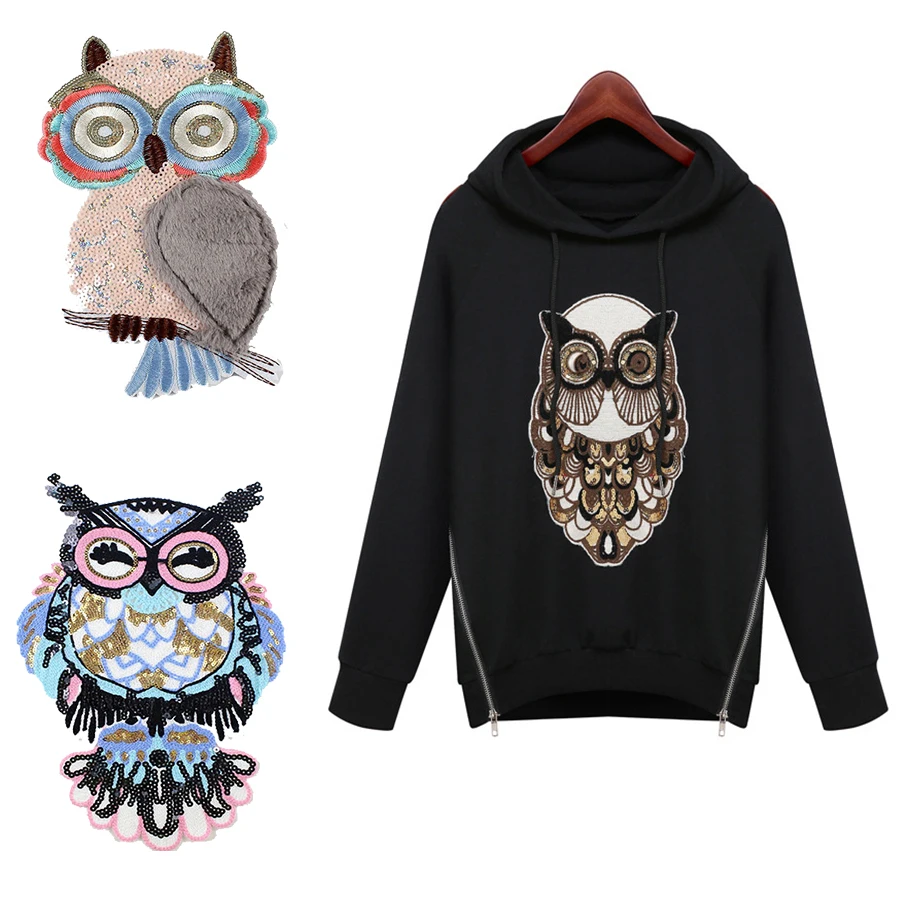 

Owl Sequins embroidered patch Sew on large sequined & feather patch for jacket DIY Applique for T-shirt
