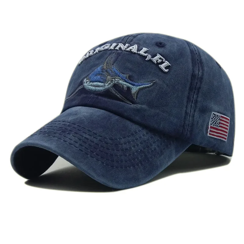 Новая модная бейсбольная кепка, Мужская джинсовая кепка с эффектом потертости для папы, женская кепка с вышитыми буквами в виде акулы, хлопковая кепка с флагом США, Кепка в стиле хип-хоп - Цвет: Navy