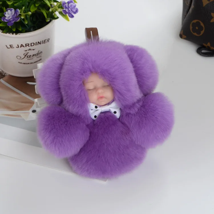 11 см милый Спящая кукла брелок Настоящий мех кролика пушистый помпон брелок мешок автомобиль брелок для женщин подарок - Цвет: Purple
