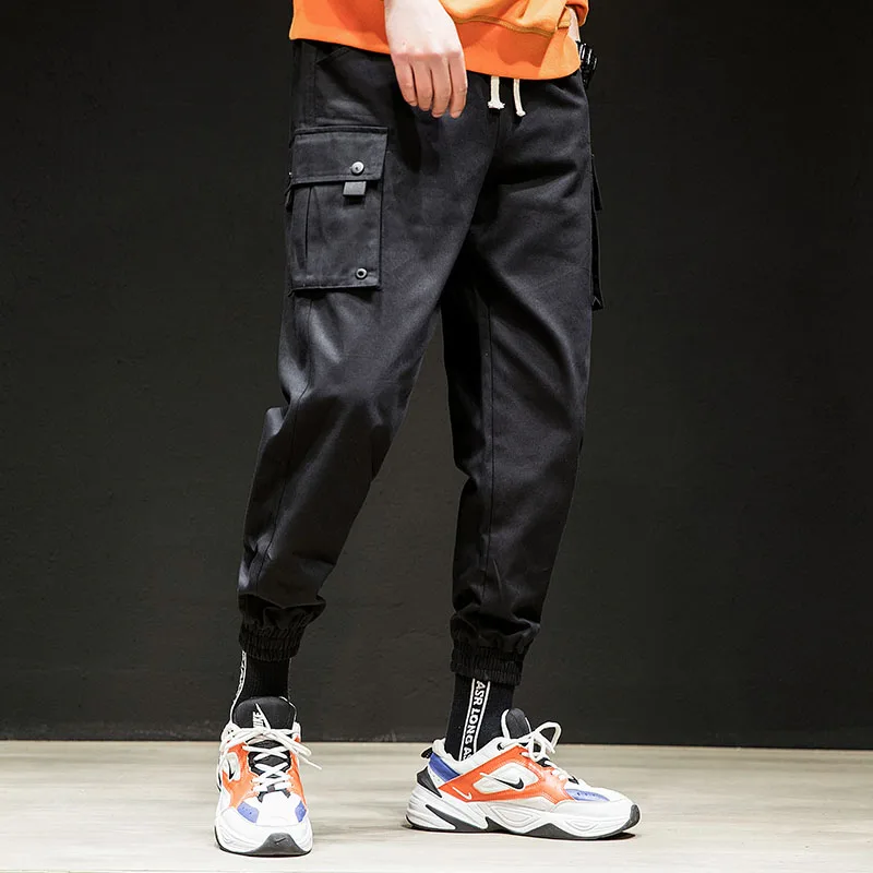 Мужские штаны с несколькими карманами, эластичный пояс, шаровары, спортивные штаны, повседневные брюки в стиле панк, хип-хоп, мужские армейские брюки-карго - Цвет: Black K100