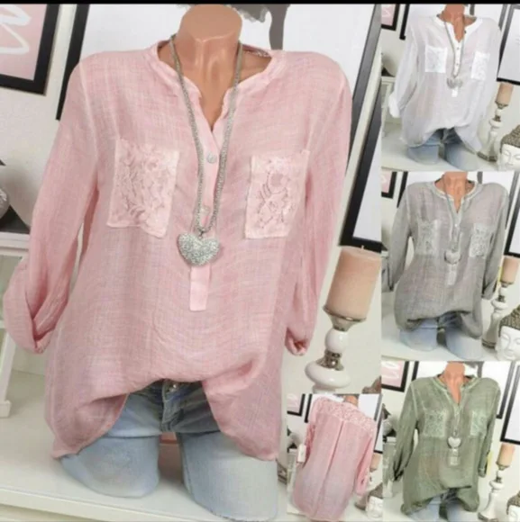 

Large size lace shirt long-sleeved shirt 2019 spring and autumn new stitching V-neck pocket irregular shirt S-5XL