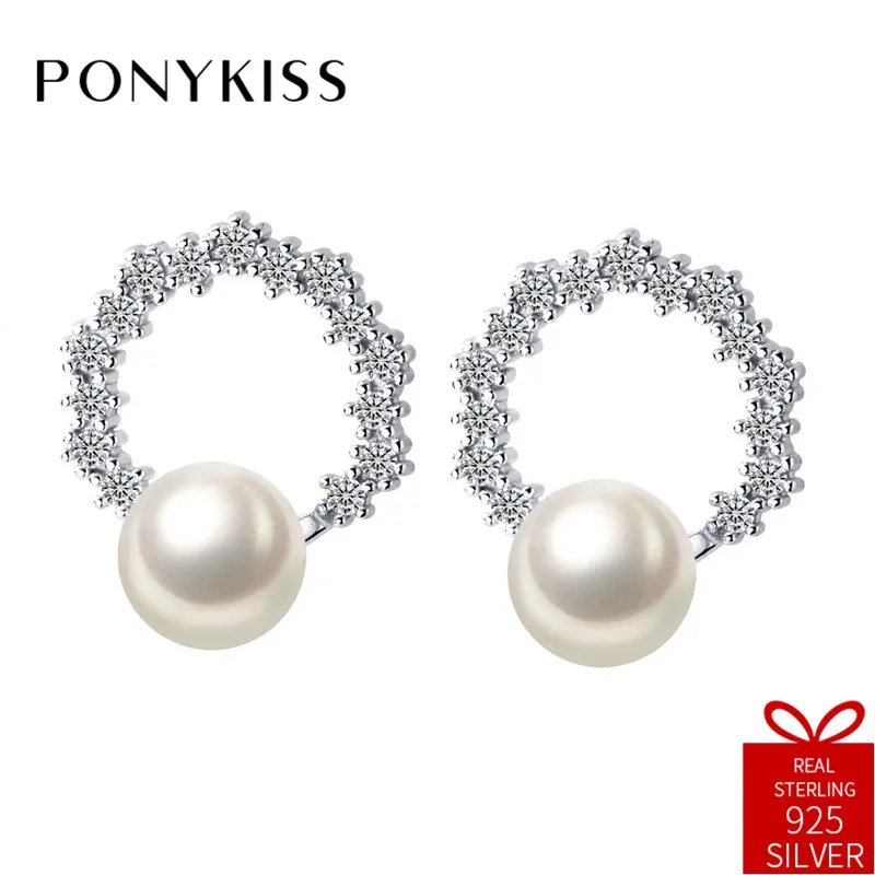 

PONYKISS Romantic S925 Sterling Silver Pearl Hollow Zircon Round Stud Earrings For Women Party Everyday Delicate Accessory Gift