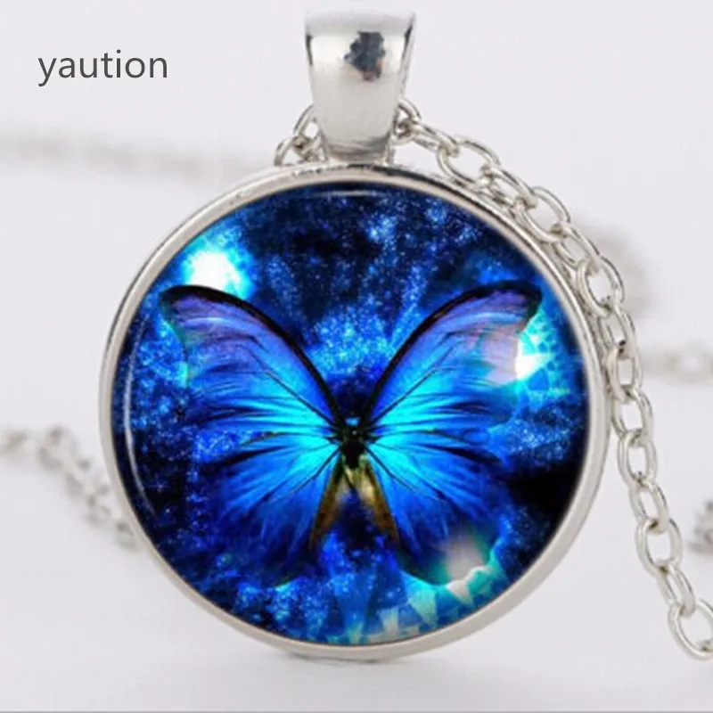 

Blue Butterfly Pendant Necklace fashion vintage Glass pendant dome Cabochon Round Pendant steampunk necklace Jewelry