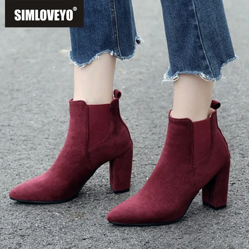 

SIMLOVEYO Women Shoes Winter Women ankle boots Flock Pointed toe Thick heel High heel Boots Solid mujer Botas Feminino B817