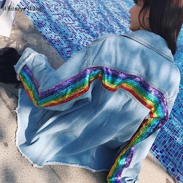 

Rainbow sequins spring 2018 new loose oversize flash all-match female denim jacket