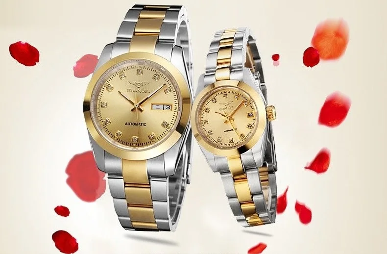 GUANQIN Gold Couple Watch Men Women Mechanical Watch Luminous Calendar Week Waterproof Rhinestones Automatic Lovers Watches (1)