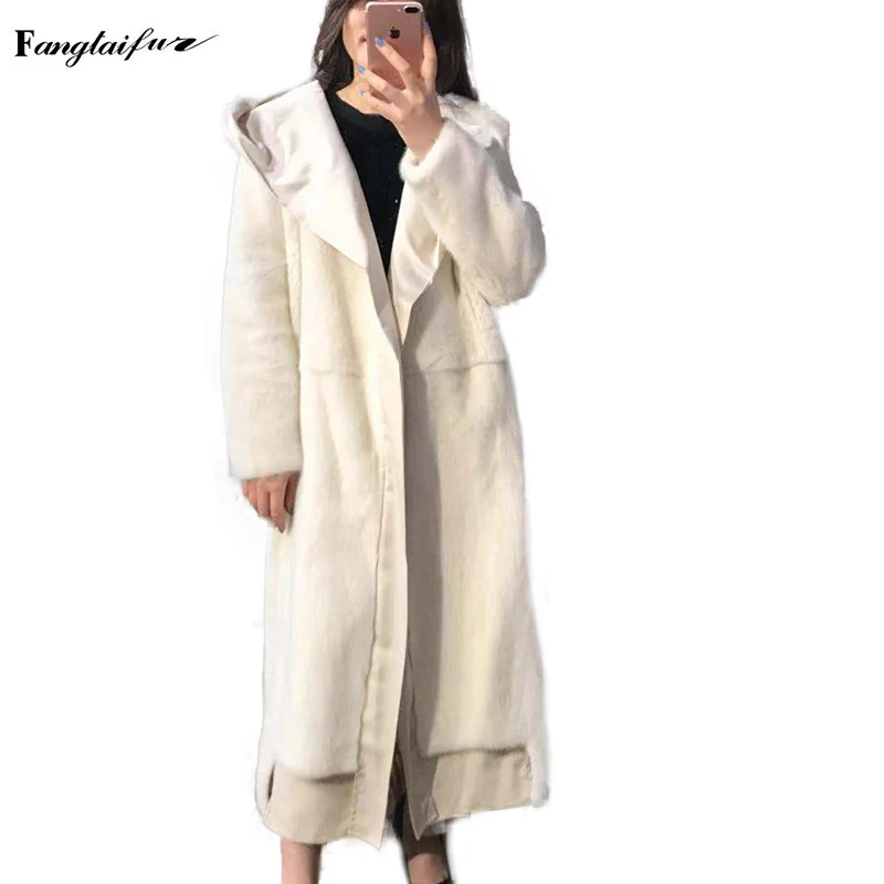 

Fang Tai Fur 2019 Women Import Velvet Mink Fur Coat With Fur Hood With Sashes Slim Mink Coats Women's X-Long Real Mink Fur Coats
