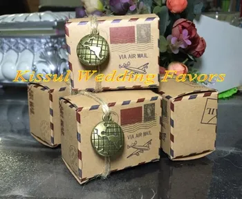 

(100 Pieces/Lot) Newest Party Favor Map box Vintage Inspired Airmail Kraft Favor Box for destination wedding gift and candy box