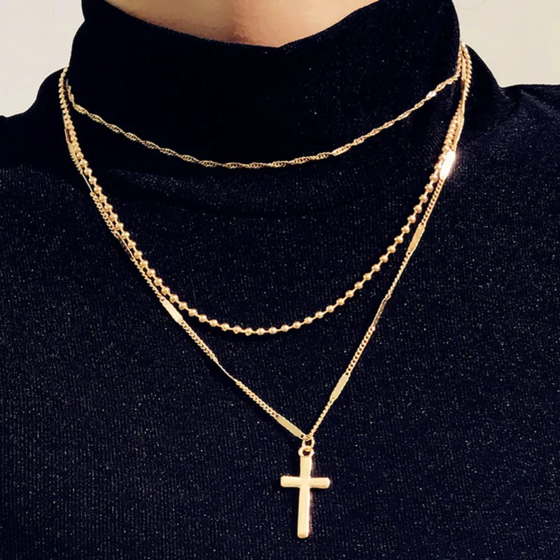 

Long New Religious Vintage Bead Wave Chain Gold Silver Multi Layer Necklace Cross Long Sweater Necklaces for Women Men