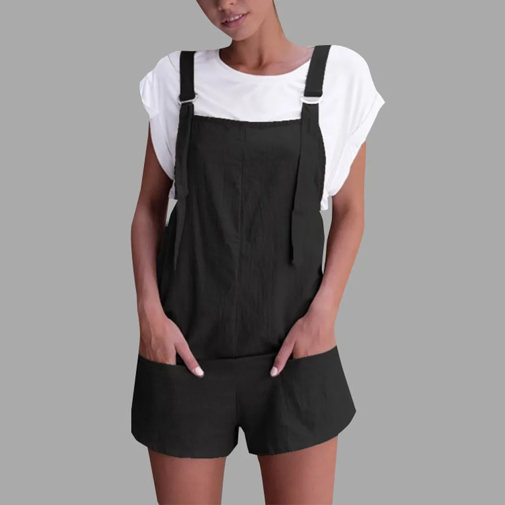 womens rompers jumpsuit Elastic Waist Dungarees Linen Cotton Pockets Rompers Playsuit Shorts Pants combi pantalon femme#XB35