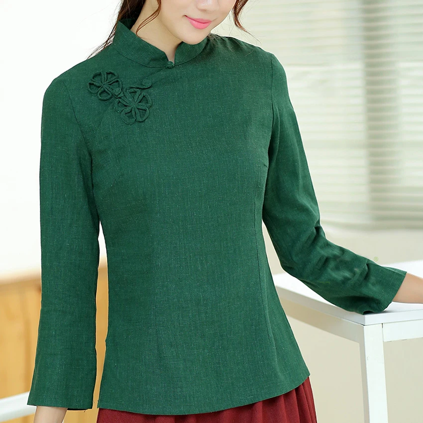 Новая Осенняя разноцветная Женская хлопковая льняная рубашка с рукавом три четверти, китайские традиционные Женские официальные Топы S-XXL TC763